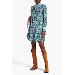 GANNI Pleated Georgette Mini Shirt Dress Sz XS Blue Green Pink Floral Chic Sexy